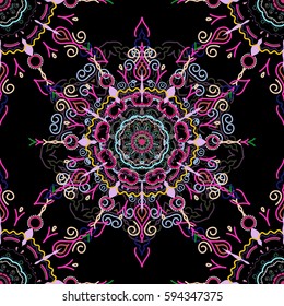 Nice blue, green and pink hand-drawn seamless vector illustration. Elegant seamless pattern with floral and Mandala elements.