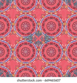 Nice blue and pink hand-drawn seamless vector illustration. Elegant seamless pattern with and Mandala elements.