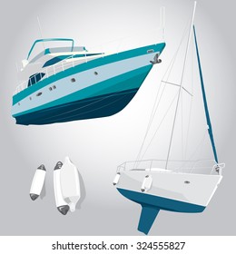 Nice blue set of boats fishing on ship background for poster illustration for web page