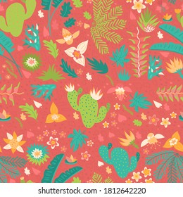 Nice botanical seamless pattern on pink background. Herbal elements, plants of South America. Colorful flowers and leaves set. Collection of tropical flora isolated. Cacti and grass, lianas.