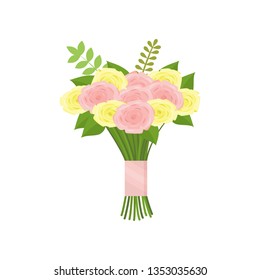 Nice bouquet of pink and yellow roses tied with ribbon on empty background