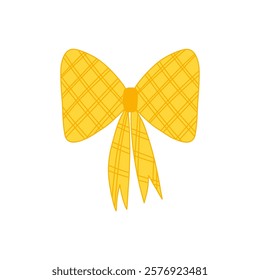 Nice bow doodle illustration. Cute big yellow checkered ribbon. Template for banner, packaging, postcard, website. Hand drawn illustration isolated on white background.