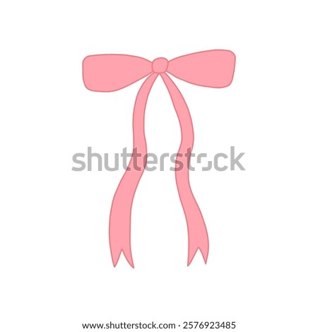 Nice bow doodle illustration. Cute long pink ribbon. Template for banner, packaging, postcard, website. Hand drawn illustration isolated on white background.