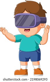 The nice boy is playing virtual reality and doing something of illustration