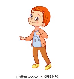 Nice boy with red hair showing two fingers sideways. Vector isolated.