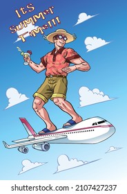 Netter Junge, der den Sommer per Flugzeug surft, Vektorgrafik