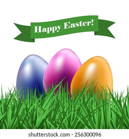 Nice and bright Easter greeting card with fresh green grass and colored festive eggs. Vector image.