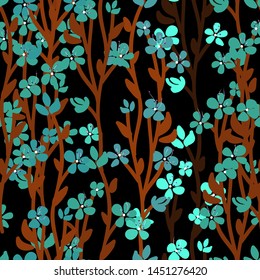 Nice bright floral vector seamless pattern. Many small blue turquoise flowers, brown stalks on black background. Fairytale ornamental garden template for design, decor, wallpaper, textile, bedding.