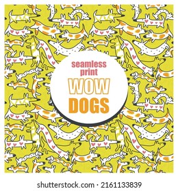 Buen patrón brillante con perros graciosos. Impresión original impecable con animales. Colores jugosos amarillos, naranjas y rosas. Dibujar mano diseño creativo moderno arte soleado. 