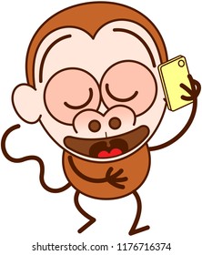 Nice brown monkey in minimalist style with big rounded ears, bulging eyes and long tail while walking and talking placidly on a smartphone