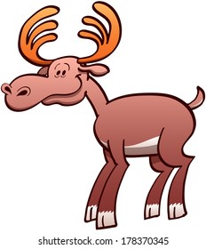 Nice brown moose with big antlers while posing and smiling in a joyful mood