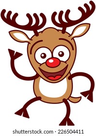 Nice brown reindeer with big antlers and red nose while staring at you, smiling and waving enthusiastically