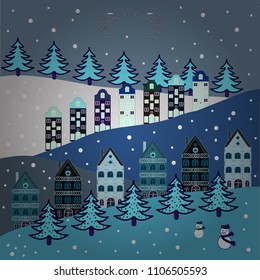 Nice buildings on blue, gray, green, neutral and black colors. Vector illustration. Doodle houses vector background.