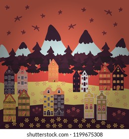 Nice buildings on orange, brown and purple colors. Vector illustration. Doodle houses vector background.