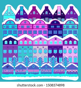 Nice buildings on violet, blue and white colors. Doodle houses vector background. Vector illustration.