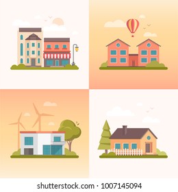 Nice buildings - set of modern flat design style vector illustrations on orange background. A collection of four images of different small houses, cafe, trees, lanterns, balloon, clouds, birds