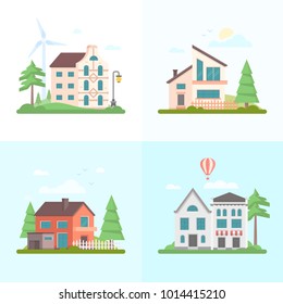 Nice buildings - set of modern flat design style vector illustrations on blue background. Four images of small houses, cafe, trees, balloon, clouds, windmills, gates, lantern, barn