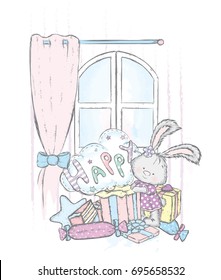 A nice bunny in the dress opens a box with a gift. Vector illustration for a postcard or a poster, print for clothes. A beautiful hare. Birthday, holiday and surprise.