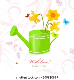 nice can watering with bouquet of daffodils and flying butterflies for your design with love.