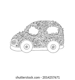 Nice car in flowers. Automobile. Transport. Flower delivery. Floral pattern. Summer. Doodle. Vector. Hand-drawn illustration.	Silhouette. Black and white outline. Coloring.