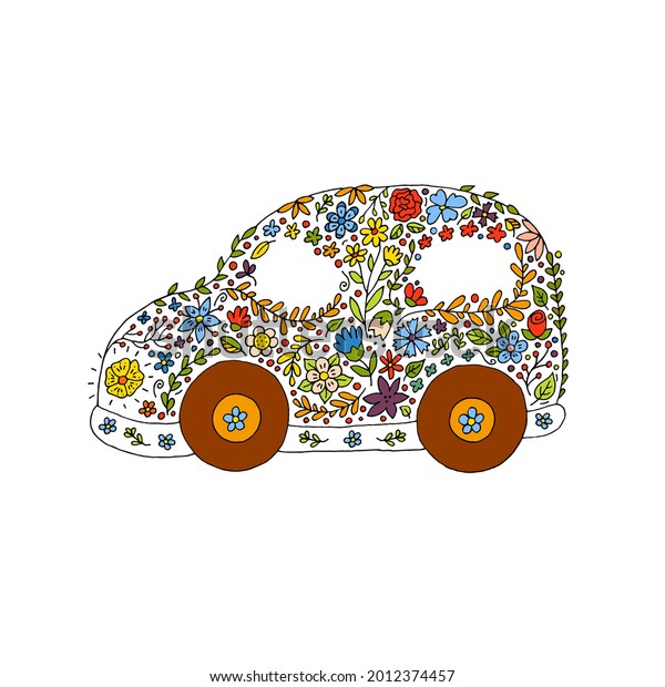 Nice car in flowers. Automobile. Transport.\
Flower delivery. Floral pattern. Summer. Doodle. Vector. Hand-drawn\
illustration.