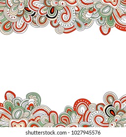 Nice card with bright hand drawn pattern. Red and white vector detailed tracery.