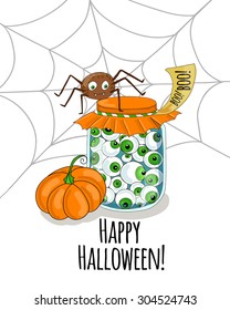 Nice card for Halloween, with spider, pumpkin and jar with green eyes. 