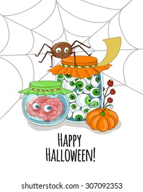 Nice card for Halloween with a spider, a pumpkin,  with green eyes and a jar with the brain.