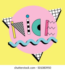 Nice card. Retro 80s and 90s style vector art, poster. Bright vintage banner. Abstract pattern in Memphis style.