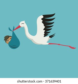 Nice card with stork and baby on blue sky.