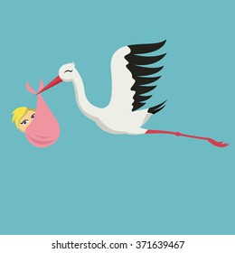 Nice card with stork and baby on blue sky.