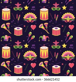 Nice carnival celebration party vector pattern on dark background. Cool flat design Mardi Gras or Fat Tuesday seamless background with drums, horns, maracas, masks and other festival objects