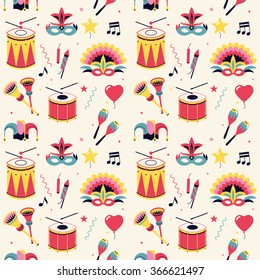 Nice carnival celebration party vector pattern on light background. Cool flat design Mardi Gras or Fat Tuesday seamless background with drums, horns, maracas, masks and other festival objects