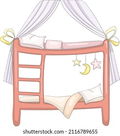 Nice cartoon bunk bed with linens and curtain. Interior of a cozy children's room. Fairy-tale furniture. Toy house. Hand drawn vector illustration. Isolated image