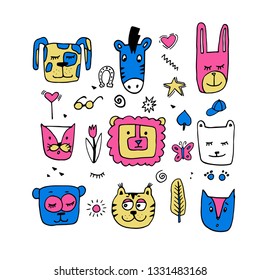 Nice cartoon character animal faces of animals. Cat face,zebra face, rabbit face, lion face,bear face,cat face.   