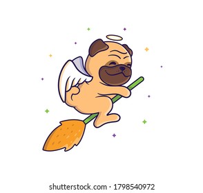 The nice cartoon character of a dog-angel flying on a broomstick. Vector Dias de los muertos, halloween illustration of a witch. Cute puppy for stickers, cards, t-shirt design, presents, etc