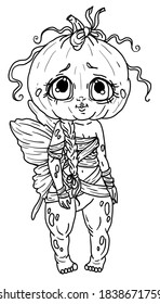 Nice cartoon character, kind fairytale creature in full growth dressed in cute costume for halloween, with big eyes and head pumpkin, with bow-knot and long pigtail, with wings butterfly, in bandages.