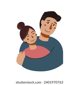 Bonita pareja de caricaturas de hombres y mujeres jóvenes. Familia amigable y divertida. Imagen vectorial de gente linda. Abrazarse y amar.