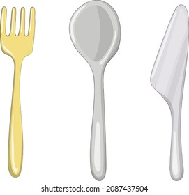 Nice cartoon cutlery. Fork, spoon and knife for a fairy-tale character or doll. Toy kitchen. Hand drawn vector illustration