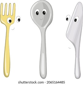 Nice cartoon cutlery that looks like kind characters. Picture for the development of imagination. Hand drawn vector illustration