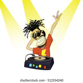 Nice cartoon DJ and his equipment making dance music. dj vector party.