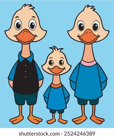 A nice cartoon duck family isolated on light blue background