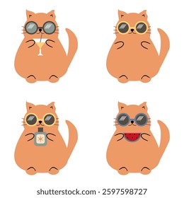 Nice cartoon fat funny cat in summer wearing sunglasses on holidays relax rest cute lovely animal 