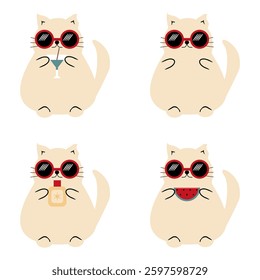 Nice cartoon fat funny cat in summer wearing sunglasses on holidays relax rest cute lovely animal 