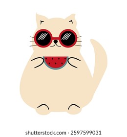 Nice cartoon fat funny cat in summer wearing sunglasses on holidays relax rest cute lovely animal 