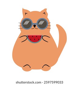 Nice cartoon fat funny cat in summer wearing sunglasses on holidays relax rest cute lovely animal 