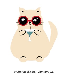Nice cartoon fat funny cat in summer wearing sunglasses on holidays relax rest cute lovely animal 