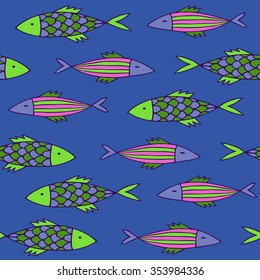 Nice cartoon fishes set. Vector seamless pattern.