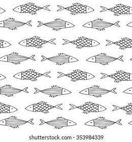 Nice cartoon fishes set. Vector seamless pattern.