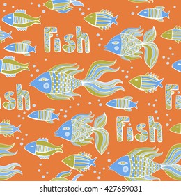 Nice cartoon fishes set. Vector seamless pattern.